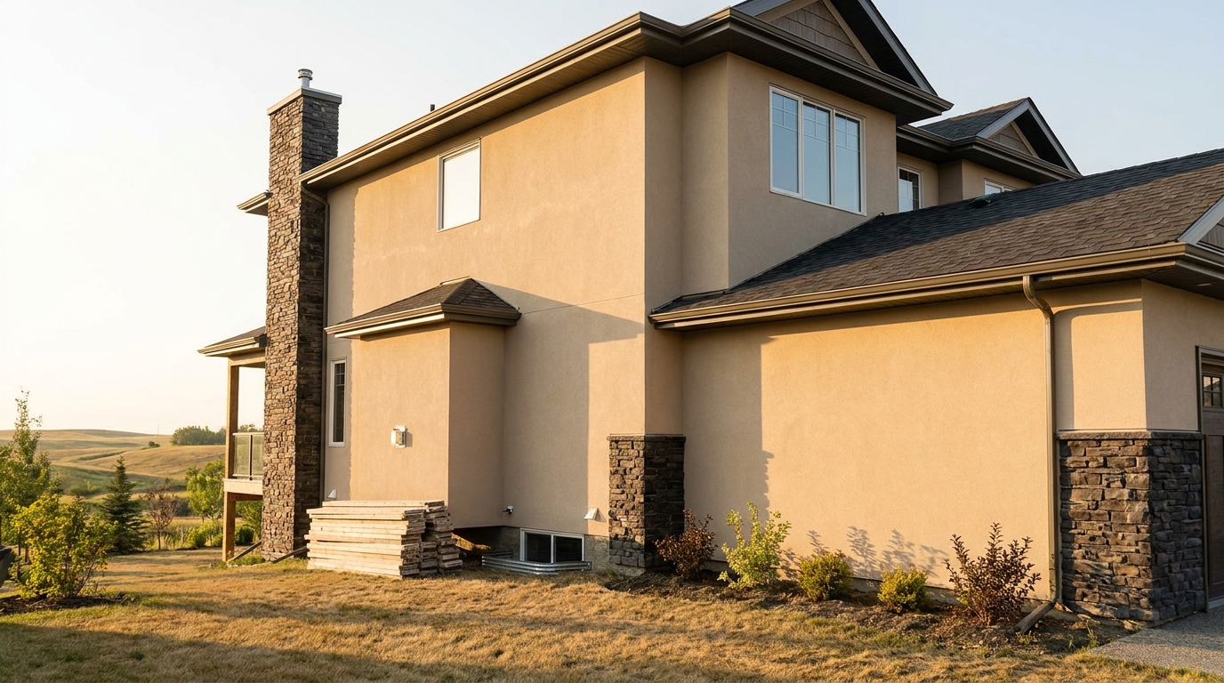 A freshly applied smooth stucco finish on a Calgary home exterior, even texture, warm earth tones, soft afternoon prairie light, professional plasterer work