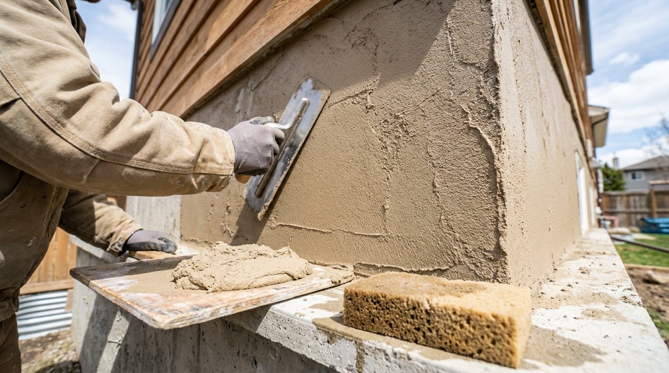 A close-up of a journeyman plasterer\'s trowel + hawk + sponge applying a fresh coat of stucco to a residential foundation wall, mid-day natural light
