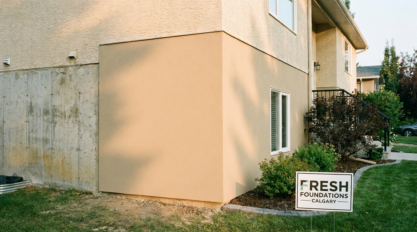 A freshly parged concrete foundation with smooth stucco finish on a Calgary home, clean uniform texture, soft morning light, completed transformation
